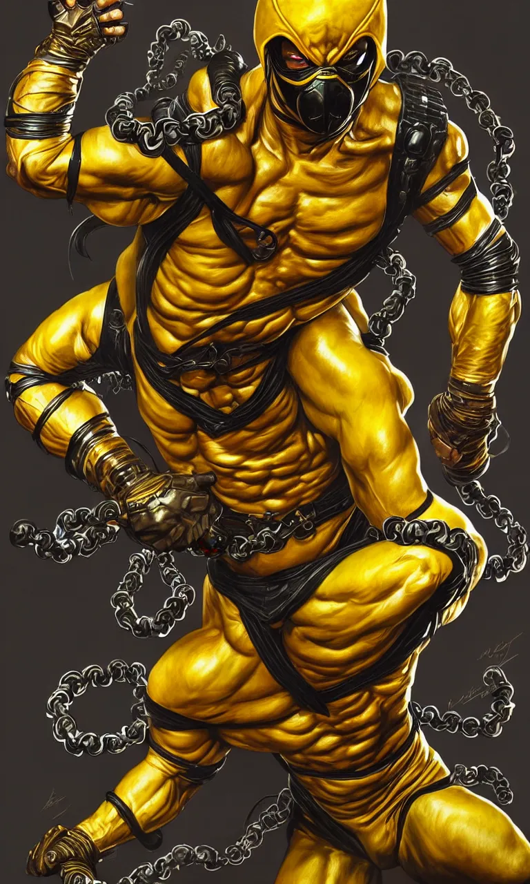 Prompt: hyper realistic full body portrait of scorpion from mortal kombat, mk ninja character, yellow ninja exosuit, dynamic chain movement around him, by lee bermejo, alphonse mucha and greg rutkowski