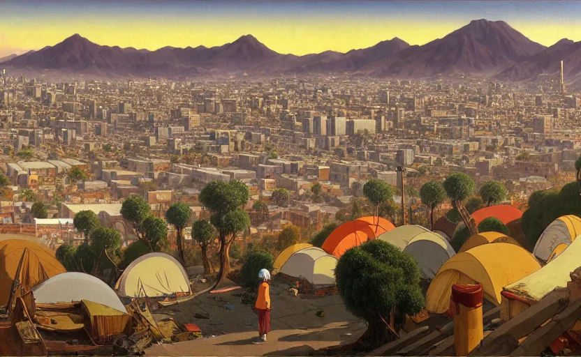 Image similar to ghibli illustrated background of strikingly beautiful skid row, los angeles, california, with strange city skyline is seen in the distance, tents, streets by vasily polenov, eugene von guerard, ivan shishkin, albert edelfelt, john singer sargent, albert bierstadt 4 k, ultra wide