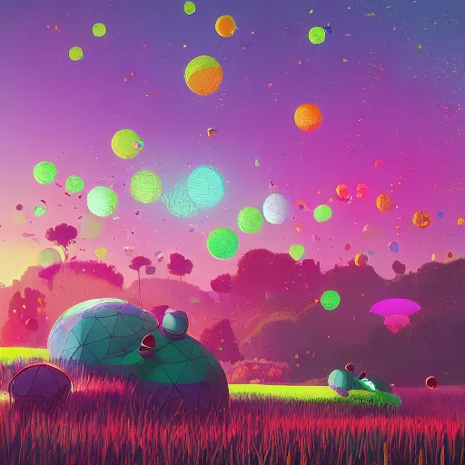 Prompt: a huge lotus in the center of a meadow of various colors. bright sunny day, in the style of katamari damacy, scattered glowing pink fireflies, soft vaporwave liminal aesthetic. 3 d blender by tomer hanuka, greg rutkowski, beeple, sharp focus, digital painting, concept art