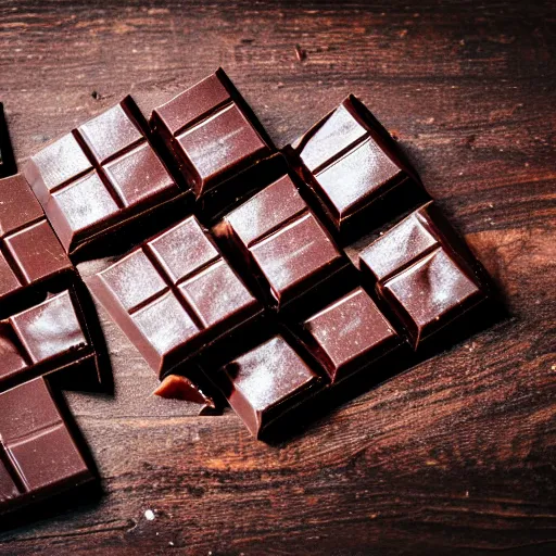 Prompt: pieces of dark chocolate on a wooden cutting board, dramatic cool, close up, dslr photo