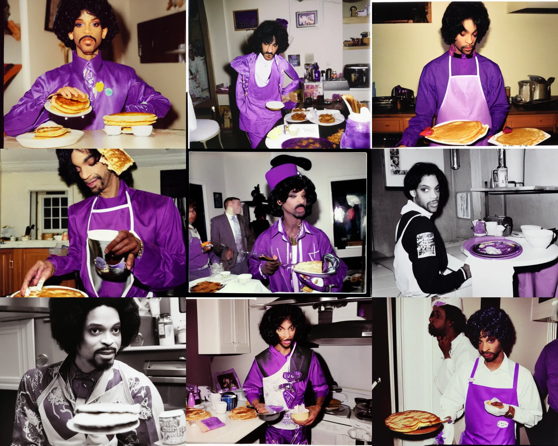 Prompt: close up of prince rogers nelson wearing purple outfit serving pancakes in his kitchen, polaroid