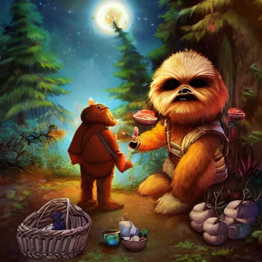 Prompt: adventurous ewok shopping in the forest market at night with a basket that contains acorns, berries, and leaves, artstation, colorful