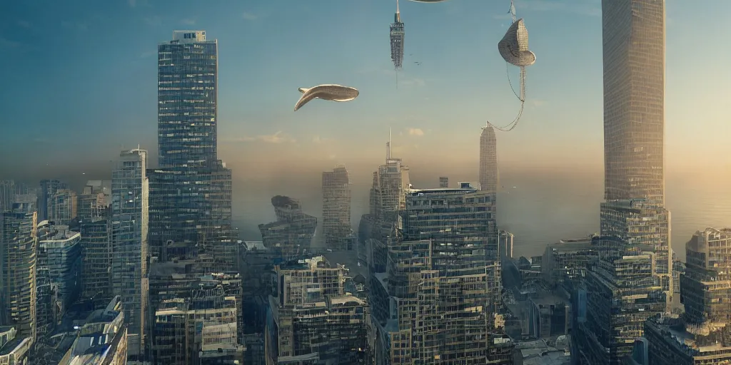 Prompt: a huge whale is floating in the air near a skyscraper, epic, surreale, cinematic shot, golden hour, atmosphere, no water!. high definition