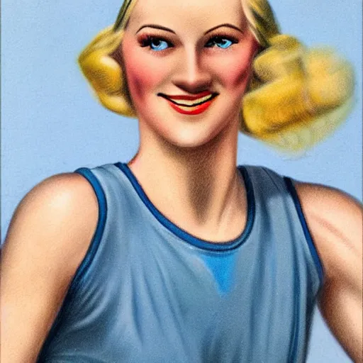 Image similar to a 1 9 3 0 s ultra - realistic color portrait. happy, healthy, beautiful, smiling, young, sporty, blonde, blue - eyed woman in decent athletic wear. hyper - realistic detailed drawing