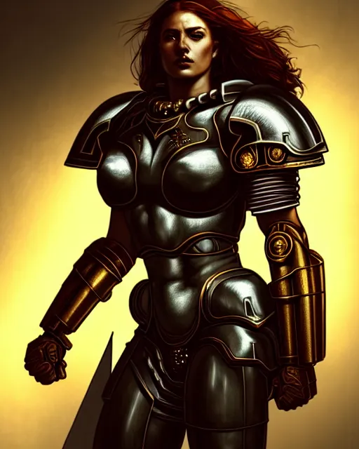 Image similar to stunningly beautiful warrior queen, full body, intricate impractical female space marine armor, digital art, middle shot, cinematic lighting, studio quality, symmetrical eyes, artgerm, joshua middleton, rafael albuquerque, cyberpunk lighting, art style by klimt, nixeu and ian sprigger and wlop and krenz cushart