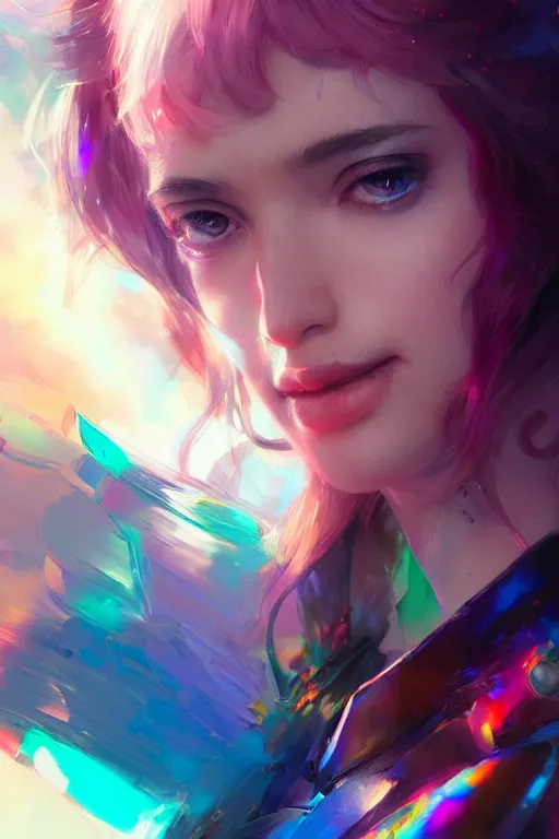 Prompt: gem! and the holograms, seductive look, chromatic aberration, hyper realistic, highly detailed, digital painting, trending on artstation, concept art, sharp focus, illustration, art by wlop and artgerm and greg rutkowski and ayami kojima