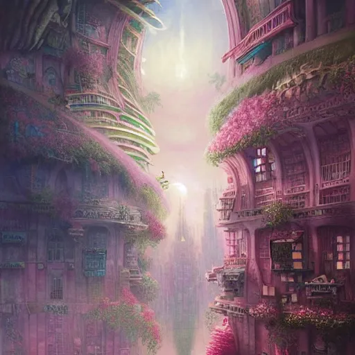 Prompt: a beautiful render of pink and white city in the air, by hubert robert, daniel merriam, roger dean and jacek yerka, alex grey style, soft lighting,