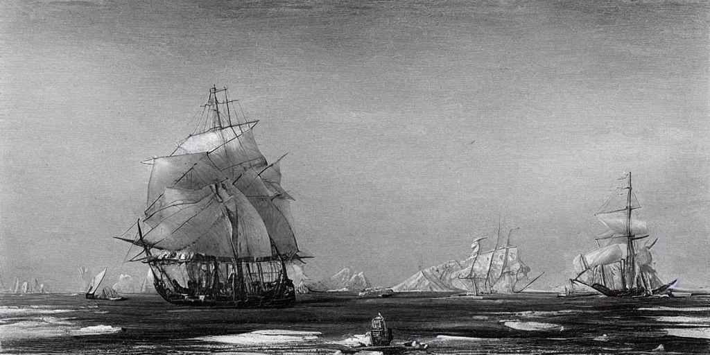 Image similar to “ a single 1 8 0 0 s sail ship is stuck in solid white sea ice, completely frozen sea, no water visible, the uneven and irregular frozen sea is jagged and maze - like, towering ice ridges and seracs, nighttime, stars visible, romanticist oil painting ”