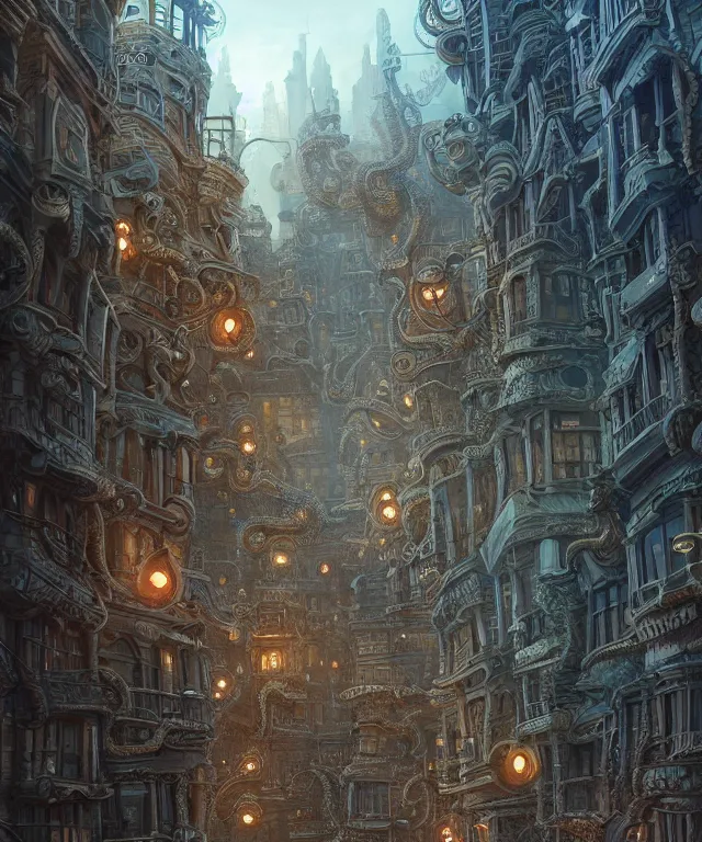 Prompt: street view of a city made of tentacles, fantasy, intricate, elegant, highly detailed, digital painting, artstation, concept art, matte, sharp focus, illustration, art by keith thompson and christopher lane