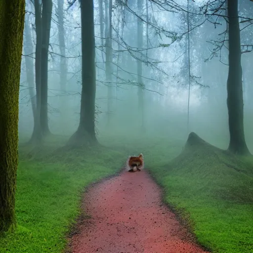 Image similar to magical forest covered with fly agaric, there is a fox with two cubs, light magical fog