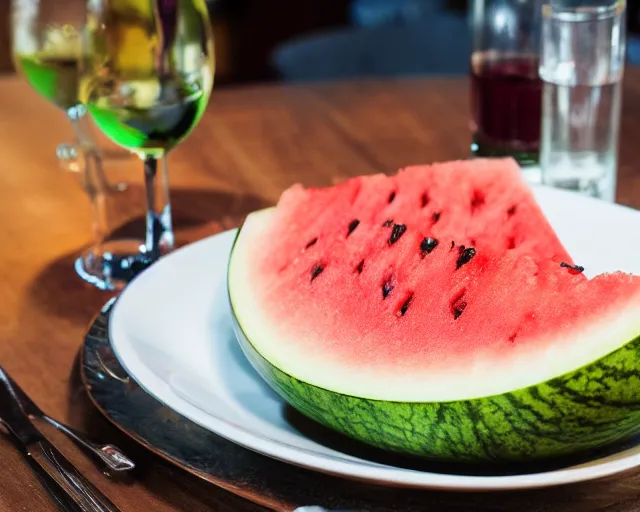 Prompt: 8 5 mm food photography of a large grilled watermelon at a restaurant with dof and bokeh and wine glasses out of focus in the background. highly detailed 8 k. intricate. lifelike. soft diffused light. nikon d 8 5 0.