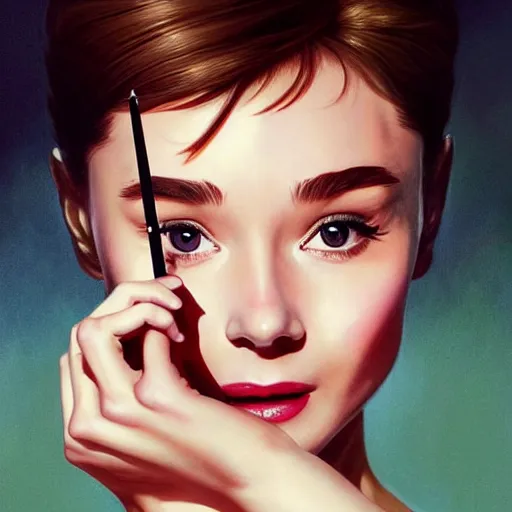 Prompt: portrait of Audrey Hepburn eating hamburgers, extra onions and ketchup, luscious patty with sesame seeds, feminine ethereal, handsome, D&D, fantasy, intricate, elegant, highly detailed, digital painting, artstation, concept art, matte, sharp focus, illustration, art by Artgerm and Greg Rutkowski and Alphonse Mucha