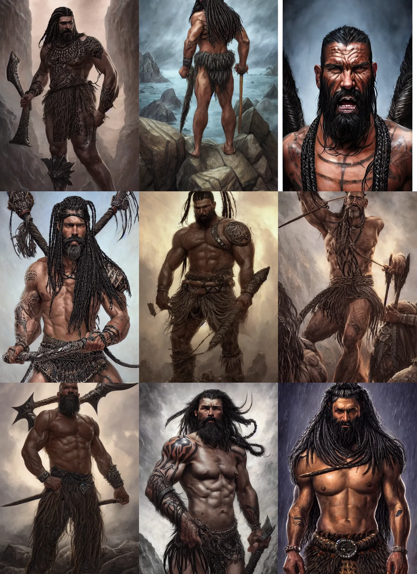 Prompt: a tall muscular man with gray skin, with a full black beard, barbarian, short hair on sides of head, long braided hair on top of head, tribal tattoos on head and chest and back, style by donato giancola, wayne reynolds, jeff easley dramatic light, high detail, cinematic lighting, artstation, dungeons and dragons