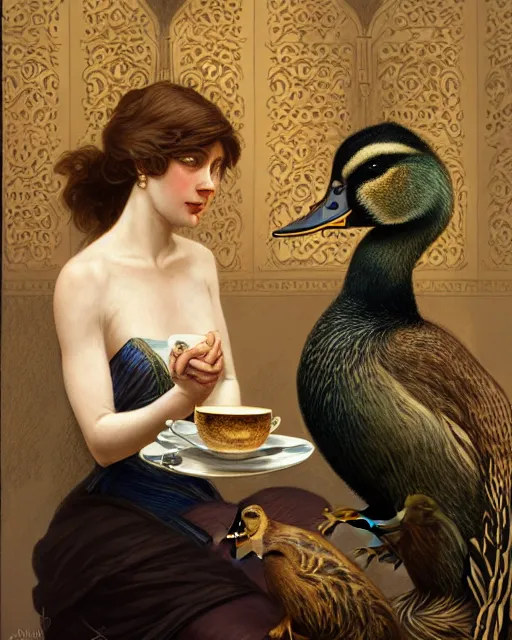 Prompt: Portrait of Anya Anasova & a mallard & a pig having tea at the Ritz, real life skin, intricate, elegant, highly detailed, artstation, concept art, smooth, sharp focus, art by artgerm and greg rutkowski and alphonse mucha