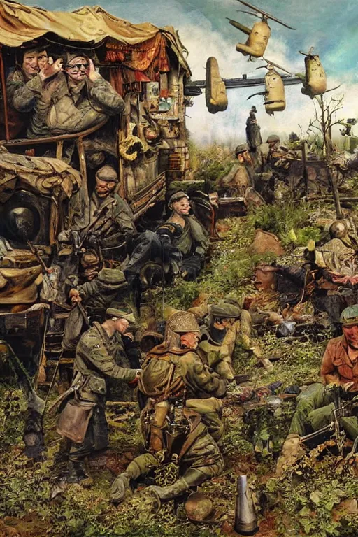 Prompt: an airbrush painting of an elaborate hidden object scene in the eastern front of wwii by destiny womack, gregoire boonzaier, harrison fisher, richard dadd