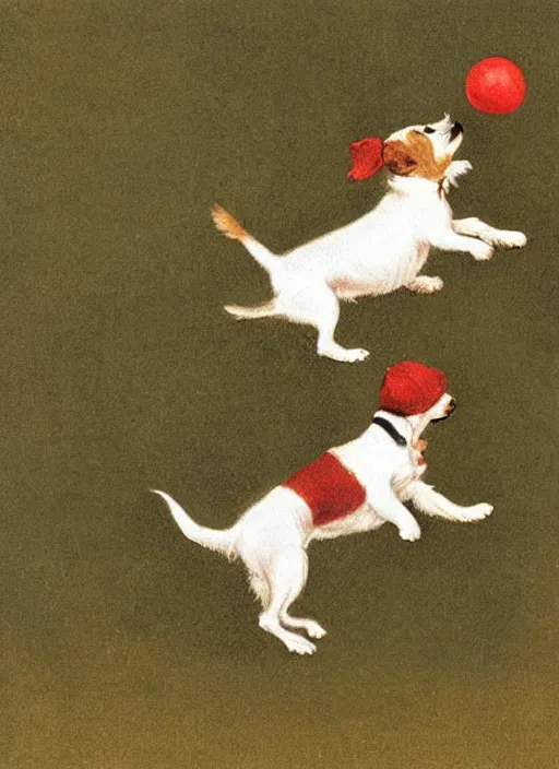 Image similar to jack russel terrier jumping from the ground over a red ball, illustrated by peggy fortnum and beatrix potter and sir john tenniel