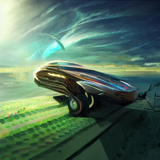 Image similar to solarpunk hovercar, clean energy, green technology, highway, sunny day, futurism, intricate, engines, glow, highly detailed, drone wings, peaceful, utopia, bright, digital painting, artstation, concept art, smooth, sharp focus, epic landscape, art by akihiko yoshida and tim mcburnie and anato finnstark