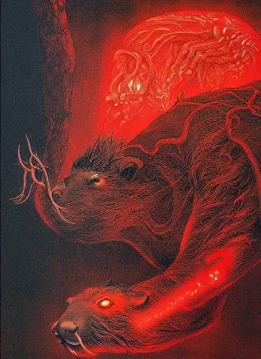 Image similar to a side view of spirit of chthonic demonic capybara with red eyes, on background red lake on fire, highly detailed, art by Ayami Kojima, Beksinski, Giger