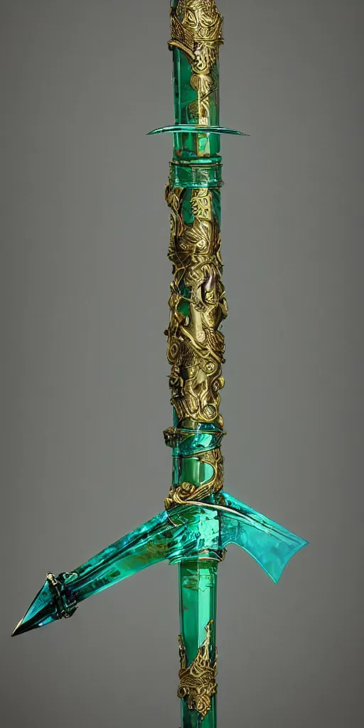 Image similar to photograph of a wide green and teal crystal sword blade attached to a big gold sword hilt