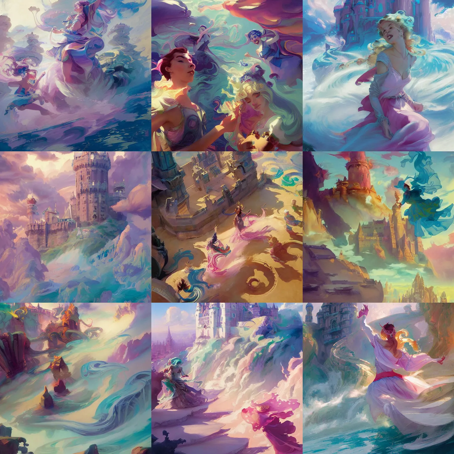 Prompt: castle, colorful swirly magic ripples, pastel colors, by greg manchess, huang guangjian, gil elvgren, sachin teng, greg rutkowski, jesper ejsing