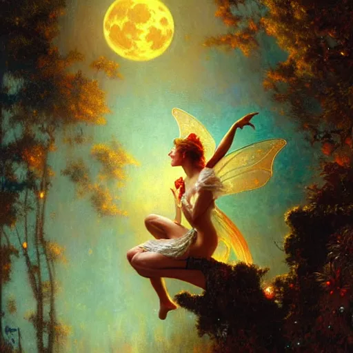 Image similar to attractive fairy magically floating high in the night, fantasy, full moon in background. highly detailed painting by gaston bussiere, craig mullins, j. c. leyendecker, mid shot, 8 k