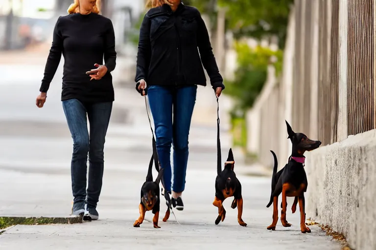 Image similar to toy doberman pinschers following a woman on a walk down the sidewalk