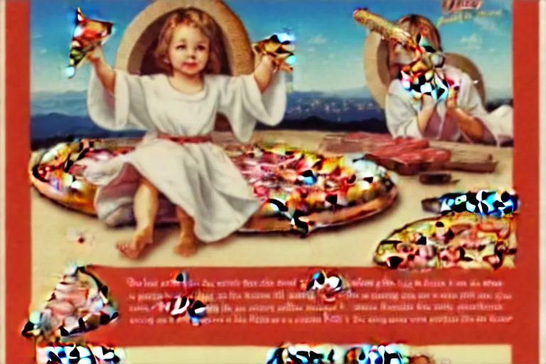 Image similar to angels, pizza, advertisement