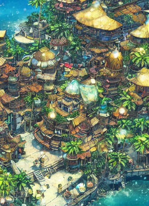 Image similar to Fantasy tropical port town. hidari, color page, tankoban, 4K, tone mapping, Akihiko Yoshida.