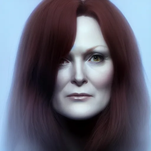 Prompt: juliane moore by Range Murata, Katsuhiro Otomo, Yoshitaka Amano, and Artgerm. 3D shadowing effect, 8K resolution