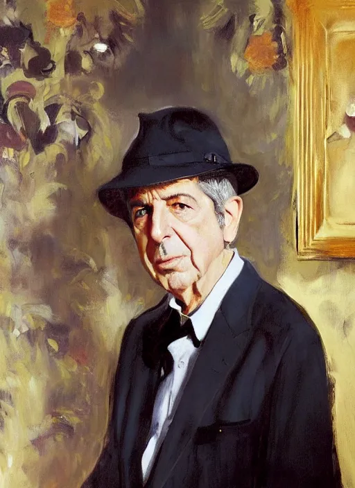 Prompt: Leonard Cohen, wearing a trilby hat, portrait by John Singer Sargent, by Frank McCarthy, by Robert McGinnis