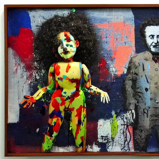 Image similar to artistic dirty art acrylic painting, figure of a doll, paint brushstrokes and squeegeed dirty artwork, art by peter blake, surreal, human figures, low tons colors, world leaders of terror 2 1 th century