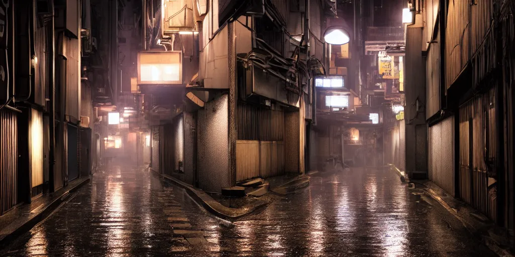 Image similar to quiet tokyo alley at night, raining, dim volumetric lighting, 8 k octane render, hdr, postprocessing, hyperdetailed, intricate, epic composition, cinematic lighting, masterpiece, street photography