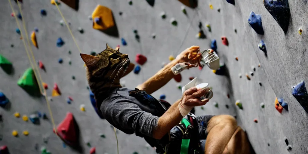 Prompt: an award winning wide photo of, a professional chambionship rock climbing cat, drinking a cup of coffee, and holding onto a rop on an indoor rock climbing wall