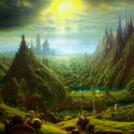 Image similar to a beautiful and highly detailed matte painting of the lost elven land of avalon, celtic, psychedelic, epic scale, insanely complex, hyperdetailed, sharp focus, hyperrealism, artstation, cgsociety, 8 k, by caspar friedrich, albert bierstadt, james gurney, brian froud,