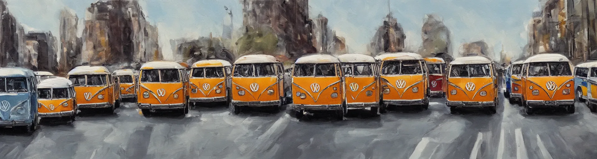 Image similar to a detailed oil painting of vw buses racing in the street