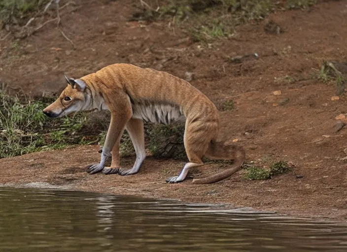 Image similar to photo of a thylacine, distinct animal, thylacine, thylacine, ‘Tasmanian (((tiger)))’, thylacine, detailed fur, long thin tail, long snout, small eyes, marsupial, drinking water from a lake, Australia, HD, National Geographic,