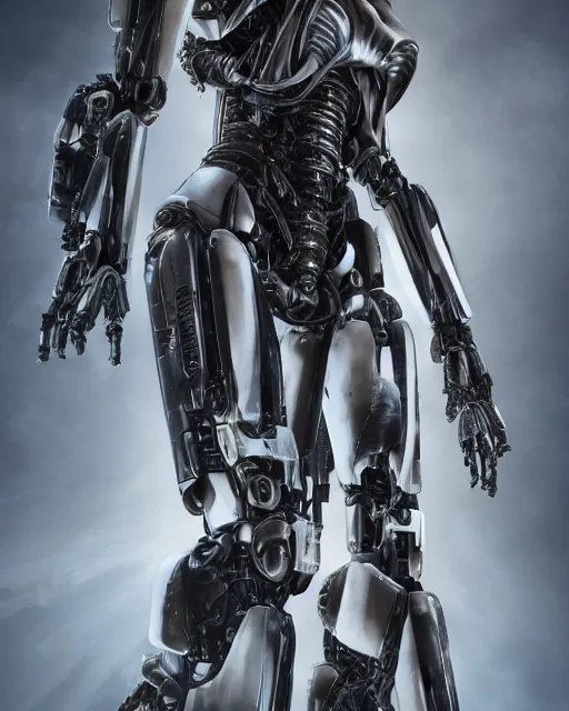 Image similar to Ellen Ripley as a Mecha, hyperdetailed, full body, LED effects, professional paint job, distressed paint, dynamic low angle shot, photoreal, caustics, octane render, redshift render, Vray render, all in focus, unreal engine, post processing, ultra detailed, trending on artstation