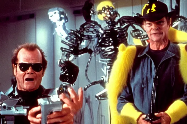 Prompt: Jack Nicholson plays Terminator Pikachu hybrid, scene where his endoskeleton gets exposed, still from the film