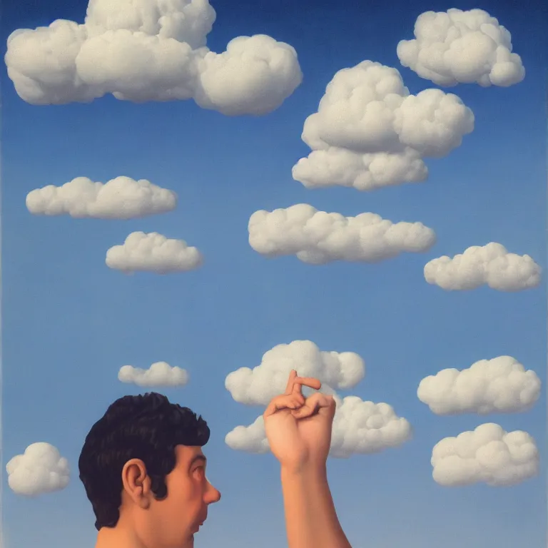 Image similar to cloud - man, by rene magritte, centered, detailed painting, hd, hq, high resolution, high detail, 4 k, 8 k