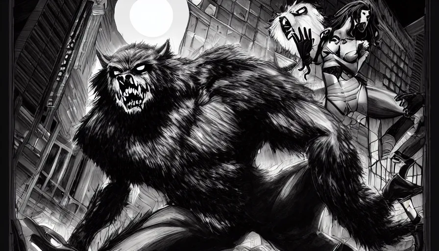 Image similar to in the style of artgerm, steve niles, rafael albuquerque, large hairy werewolf, shopping mall at night, horror scary terror