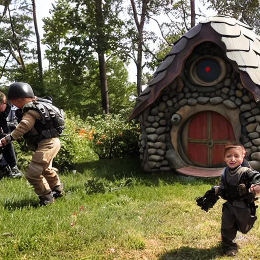 Prompt: a kid in swat gear storming a hobbit house.