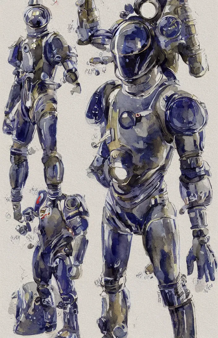 Image similar to male, full body, modern space suit, very stylized character design, large shoulders, short torso, long thin legs, tiny feet, character sheet, science fiction, hyperdetailed, technical suit, space marine, watercolor digital painting, by mike mignola, by alex maleev, jean giraud, painted by leyendecker