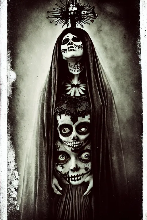 Image similar to photogravure, tintype virgin mary in dia de muertos dress and make up, horrific beautiful vibe, evocative, atmospheric lighting, painted, intricate, highly detailed, leesha hannigan, wayne haag, reyna rochin, ignacio fernandez rios, mark ryden, iris van herpen, stunning, gorgeous, sharp focus, cinematic, masterpiece