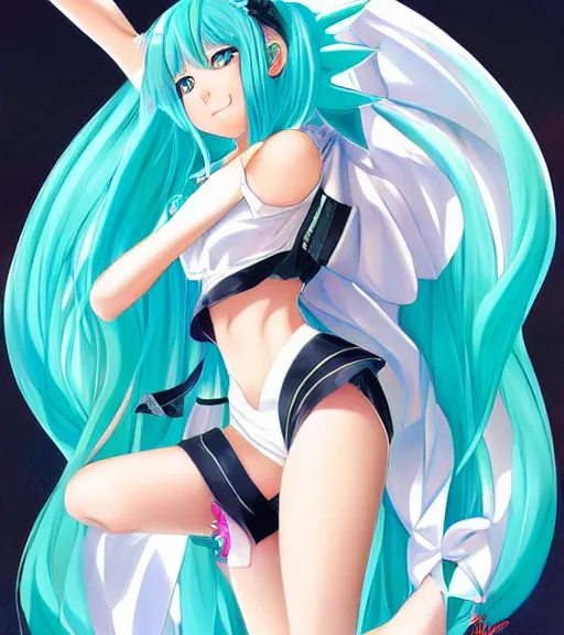 Image similar to Anime art of beautiful Hatsune miku with beautifel legs by artgerm, rossdraws, magali villeneuve, Gil Elvgren, Alberto Vargas, Earl Moran, Art Frahm, Enoch Bolles, symmetrical shoulders