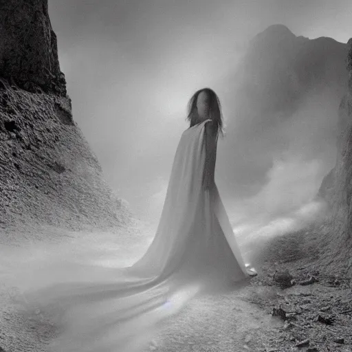 Prompt: photo, a woman in a giant flowing incredibly long dragging white dress made out of white smoke, standing inside a dark western rocky scenic landscape, volumetric lighting