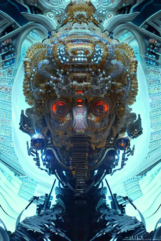 Image similar to asura from chinese myth, ghost, gorgeous and huge head ornaments, dystopian, cyberpunk, organic fractal mycelum and fungi, mecha, halfturn portrait of a big crystal face made of crystals half - turn, ominous, intricate, studio, art by anthony macbain + greg rutkowski + alphonse mucha, concept art, 4 k, sharp focus