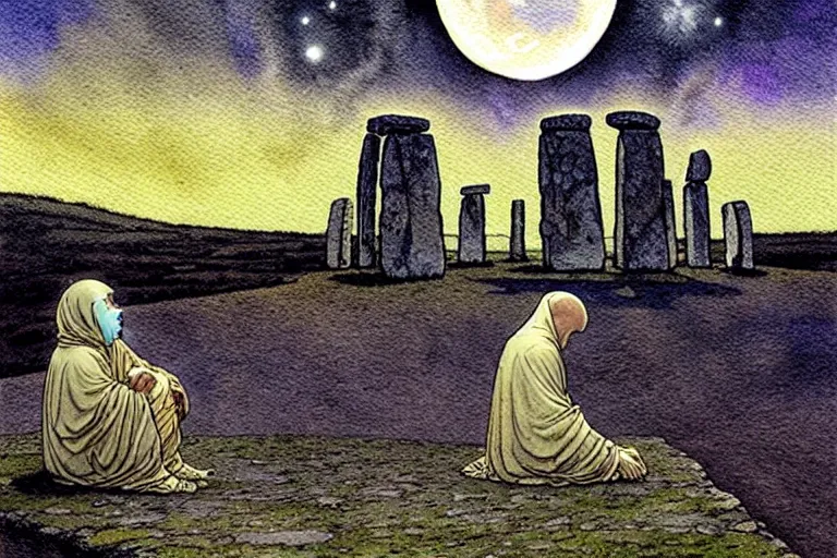 Image similar to a realistic and atmospheric watercolour fantasy concept art of a metallic ufo landing in a large stonehenge. medieval monk in grey robes on his knees praying. a crescent moon in the sky. muted colors. by rebecca guay, michael kaluta, charles vess and jean moebius giraud