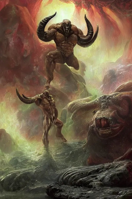 Image similar to a huge muscular demon with ram's horns emerges from a pond on rocky alien world, water splashing cascading, alien flora and fauna, space background nebula nasa, by ruan jia, jack kirby, norman rockwell, wayne barlow, sergey krasovskiy, zdzislaw beksinski, boris vallejo, artstation creature