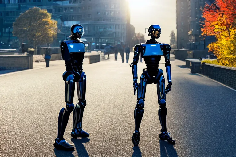 Image similar to real life robocop, ultra realistic!!!, autumn, clear weather, golden hour, sharp focus