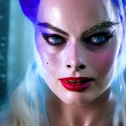 Image similar to Margot Robbie as real-life Jinx from Arcane, league of legends, cinematic, Wide-shot, atmospheric fog and lighting, directed by Michael Bay, extreme detail, 8K, movie still